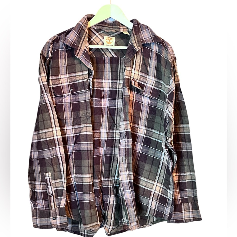 Vintage Timberland Flannel Button Up Long Sleeve Shirt Plaid Brown Size XLarge